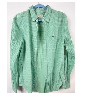 Lacoste Mens Regular Fit Green White Micro Check Button Down Shirt US L FR 42